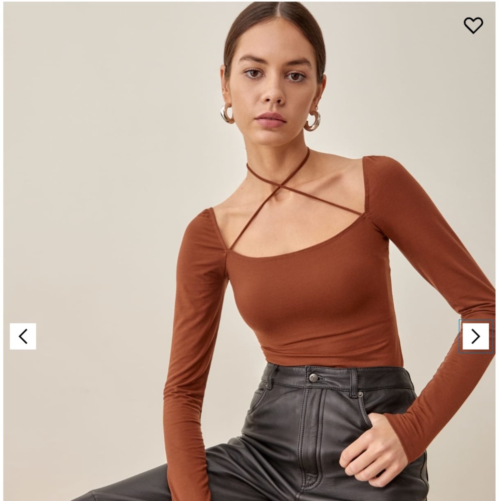 Reformation Thelma Top, tie neck, medium, chestnut brown